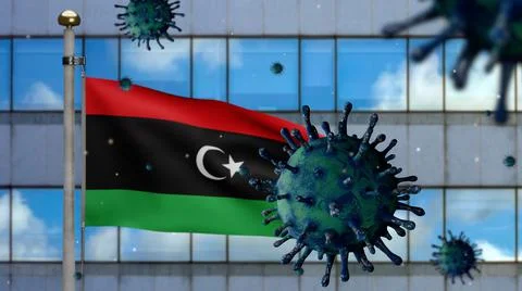 3D, Flu coronavirus floating over Libyan flag. Libya and pandemic Covid 19 Stock Illustration