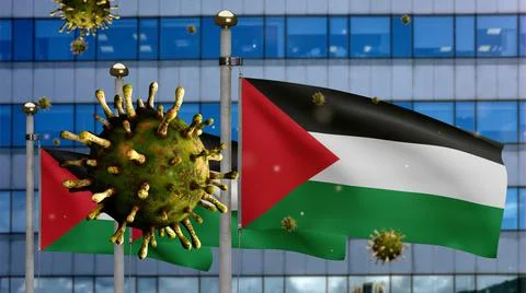 3D, Flu coronavirus floating over Palestinian flag. Palestine pandemic Covid  스톡 일러스트