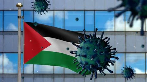 3D, Flu coronavirus floating over Palestinian flag. Palestine pandemic Covid  스톡 일러스트