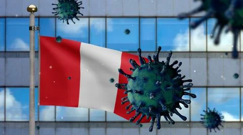 3D, Flu coronavirus floating over Peruvian flag. Peru and pandemic Covid 19 Stock Illustration
