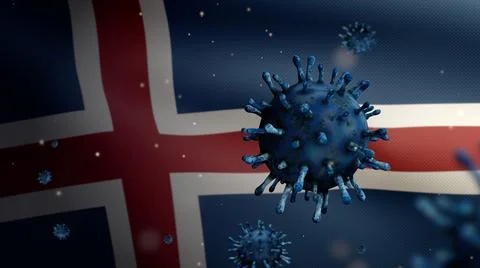 3D, Flu coronavirus floating over Icelandic flag. Iceland and pandemic Covid  Ilustração Stock