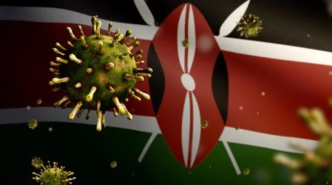 3D, Flu coronavirus floating over Kenyan flag. Kenya and pandemic Covid 19 Stock Illustration