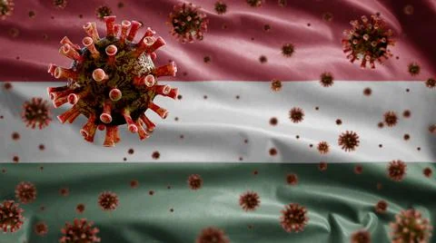 3D, Flu coronavirus floating over Hungarian flag. Hungary and pandemic Covid  Stock Photos