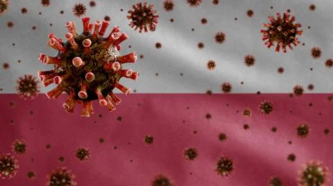 3D, Flu coronavirus floating over Polish flag. Poland and pandemic Covid 19 Stock Photos