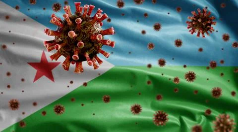3D, Flu coronavirus floating over Djiboutian flag. Djibouti pandemic Covid 19 Stock Photos