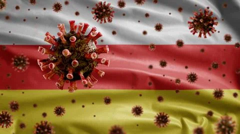 3D, Flu coronavirus floating over Ossetian flag. South Ossetia pandemic Covid Stock Photos