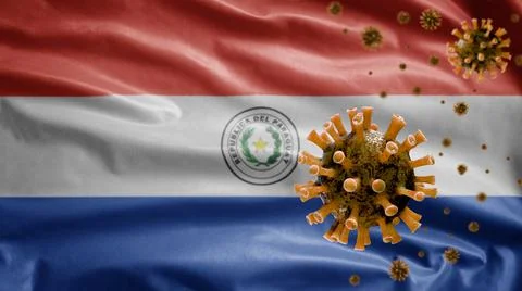 3D, Flu coronavirus floating over Paraguayan flag. Paraguay pandemic Covid 19 Stock Photos