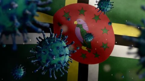 3D, Flu coronavirus floating over Dominican flag. Dominica and pandemic Covid Stock Photos