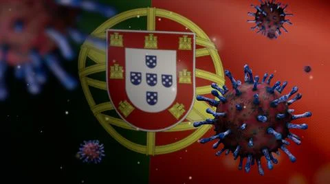 3D, Flu coronavirus floating over Portuguese flag. Portugal pandemic Covid 19 Stock Photos