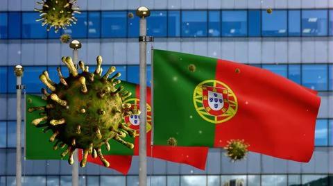 3D, Flu coronavirus floating over Portuguese flag. Portugal pandemic Covid 19 Stock Photos