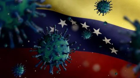 3D, Flu coronavirus floating over Venezuelan flag. Venezuela pandemic Covid 1 Stock Photos