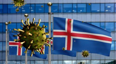 3D, Flu coronavirus floating over Icelandic flag. Iceland and pandemic Covid  Stock Photos