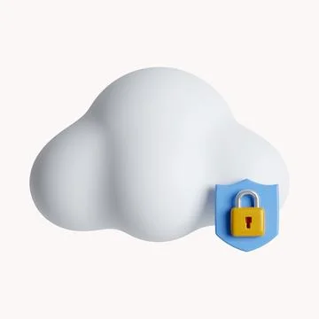 3D fluffy cloud and locked padlock. Security concept. icon isolated on white Stock Illustration