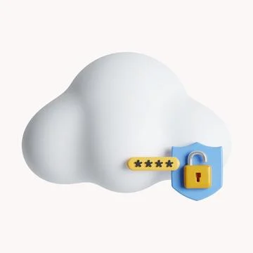 3d fluffy cloud and password unlock. Security concept. icon isolated on white Stock Illustration