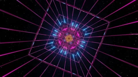3d fly through geometry tunnel with neon glow 3d objects, sci fi glow pattern Stock Footage 197308567