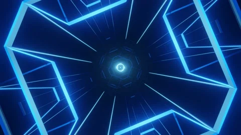 3d fly through geometry tunnel with neon glow 3d objects, sci fi glow pattern Stock Footage 197308759