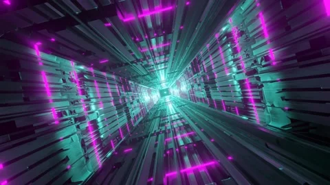 3d fly through geometry tunnel with neon glow 3d objects, sci fi glow pattern Stock Footage 208102806