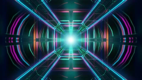 3d fly through geometry tunnel with neon glow 3d objects, sci fi glow pattern Stock Footage 208722056