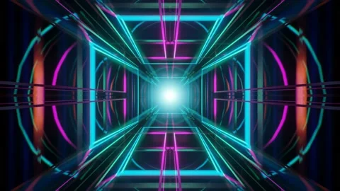 3d fly through geometry tunnel with neon glow 3d objects, sci fi glow pattern Stock Footage 214060045