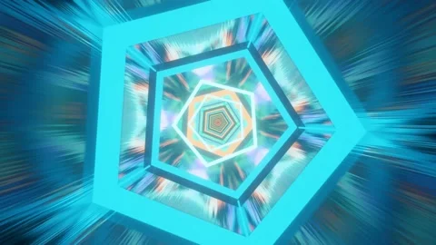 3d fly through geometry tunnel with neon glow 3d objects, sci fi glow pattern Stock Footage 216942261