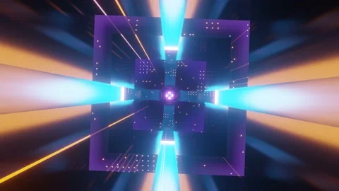 3d fly through symmetrical tunnel with neon glow 3d objects, sci fi glow pattern Stock Footage 194715848