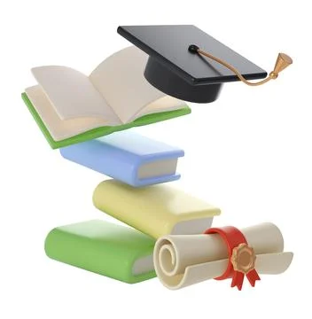 3D flying Books, Diploma scroll and university or college black cap graduate 스톡 일러스트