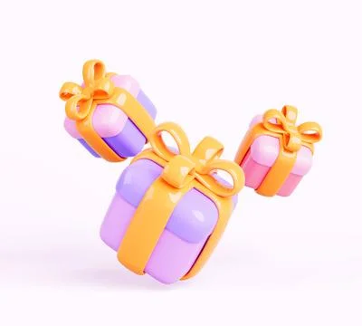 3d flying color gift boxes with gold ribbon. Present packages with golden bow on Stock Illustration