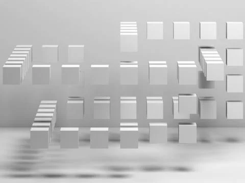 3d flying cubes installation in empty white room Stock Illustration