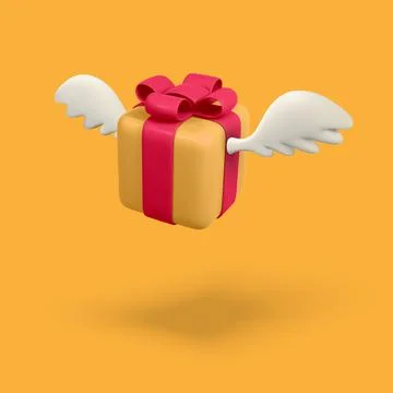 3d flying gift box with wings on orange background. Delivery service concept. Illustrazione stock