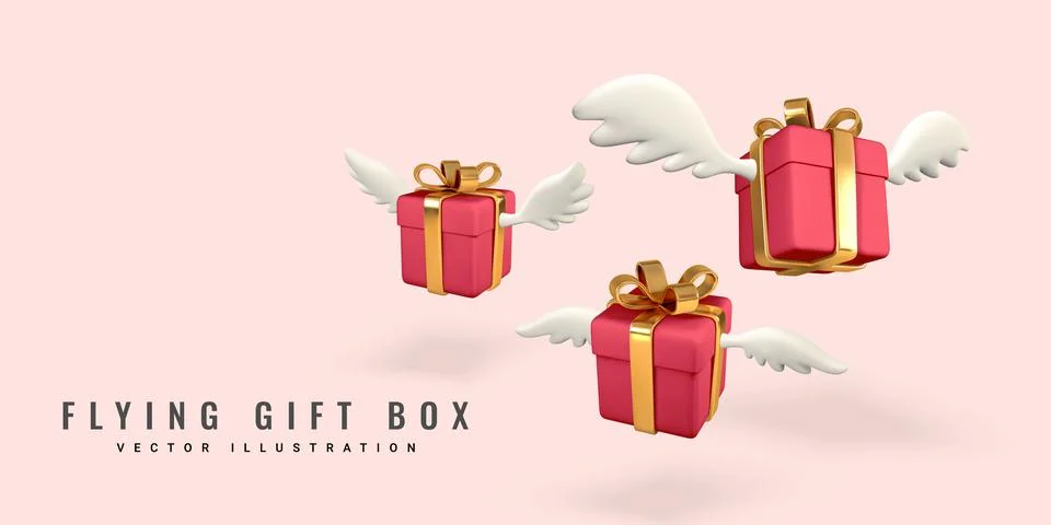 3d flying red gift boxes with golden bows and wings on light red background.  Stock Illustration