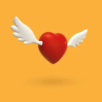3d flying red heart with wings on orange background. Valentines day concept.  Stock Illustration