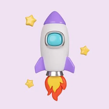 3d Flying space rocket. Spaceship rocket lunch. icon isolated on purple Stock Illustration