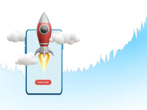 3D flying space rocket with trading graph on mobile phone. Space for business Stock-Illustration