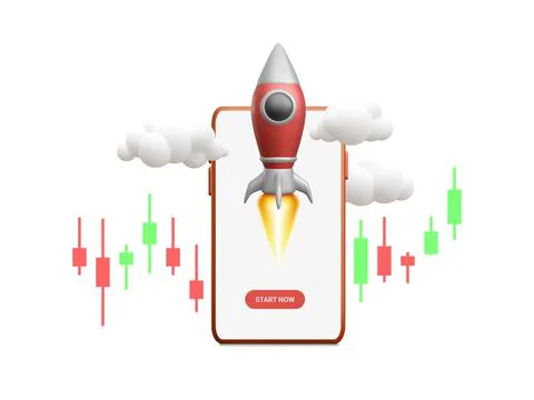 3D flying space rocket with trading graph on mobile phone. Space for business Stock Illustration