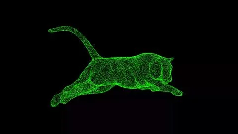 3D flying tiger on black bg. Object dissolved green flickering particles. Bus イラスト素材
