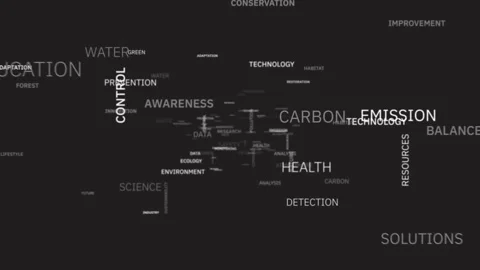 3D flythrough loop of glowing white and grey keywords related to carbon, en.. 库存影片 343779928