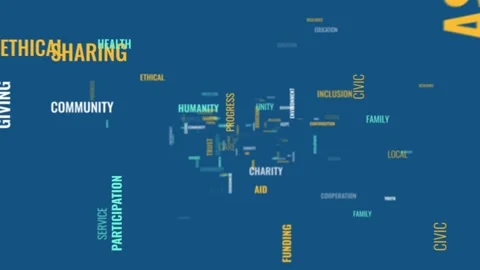 3D flythrough loop of glowing words about humanity, community, and charity .. 库存影片 343779953