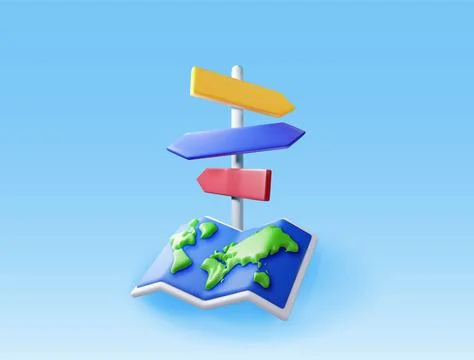 3D folded world map and signpost with directions Stock Illustration