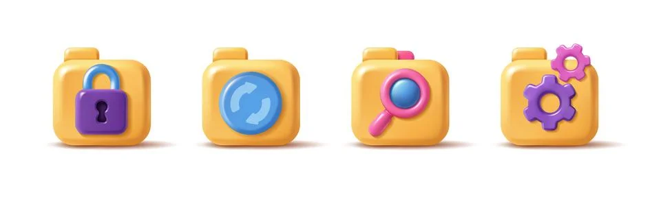 3d folder actions. Cartoon render organizers, yellow computer folders with Stock Illustration