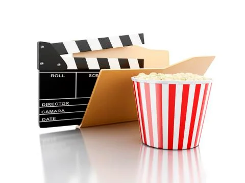 3D Folder with cinema clapper and popcorn. Illustrazione stock