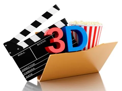 3D Folder with cinema clapper and popcorn. 스톡 일러스트