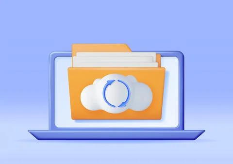 3D Folder in Clouds with File Sync Icon on Laptop Illustrazione stock