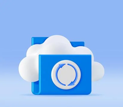 3D Folder in Clouds with File Sync Icon Stock Illustration