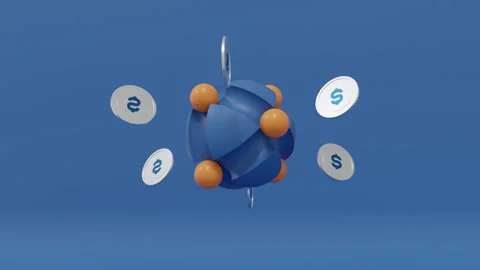 3D Folder Icon with Blue Ribbed Sphere and Bitcoin Coins on Blue Background Stock Footage 339634125