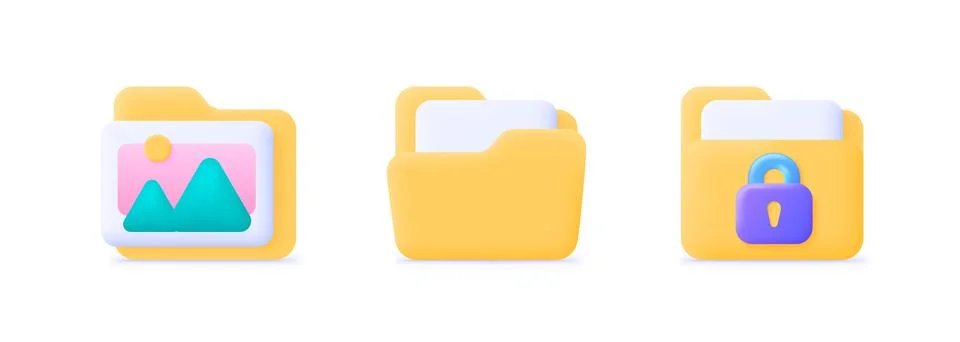 3d folder set for web design. Yellow folder 3d icon. Vector set illustration. 3d Stock Illustration