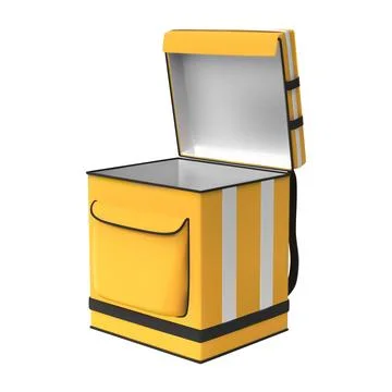 3D food delivery backpack, open lid, yellow with white stripes, cooler bag. Stock Illustration