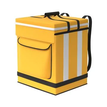 3D food delivery backpack, square, yellow with white stripes, pocket, and straps Stock Illustration