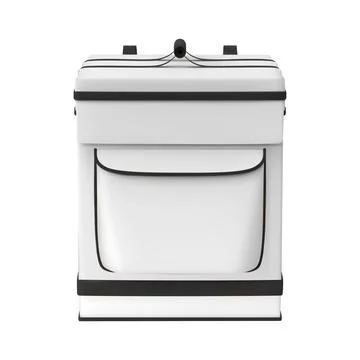 3D food delivery backpack, square, white, with a pocket and black stripes, front Stock Illustration
