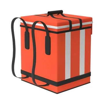 3D food delivery backpack, square, red, closed lid, back view. Stock Illustration