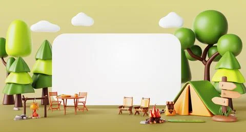3d forest camp with blank white rectangle banner. Cartoon render landscape with Illustrazione stock